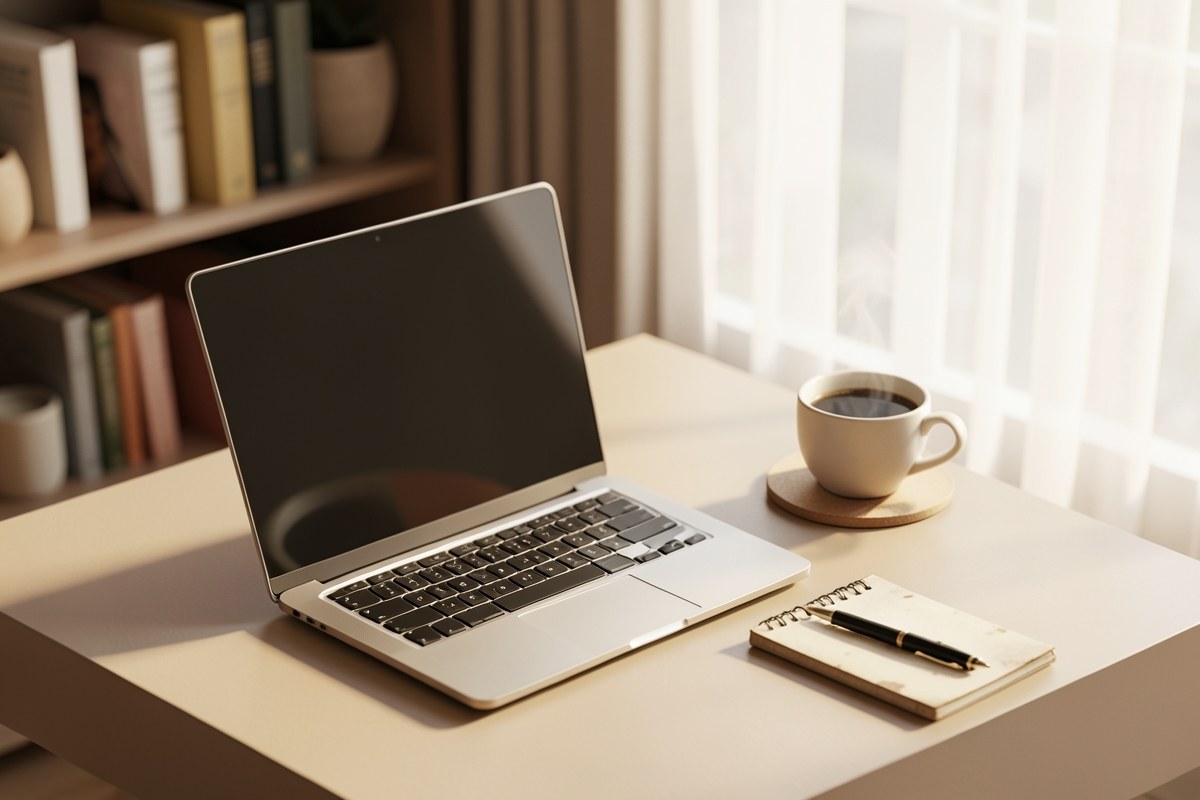 A bright, organized home office with a laptop and financial documents, suggesting careful planning and information.