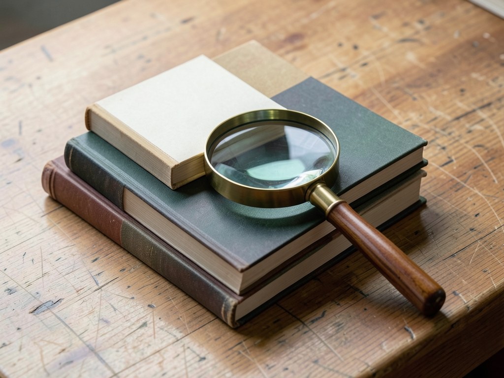 A stack of reference books and a magnifying glass on a wooden desk, conveying thorough research and fact-checking.
