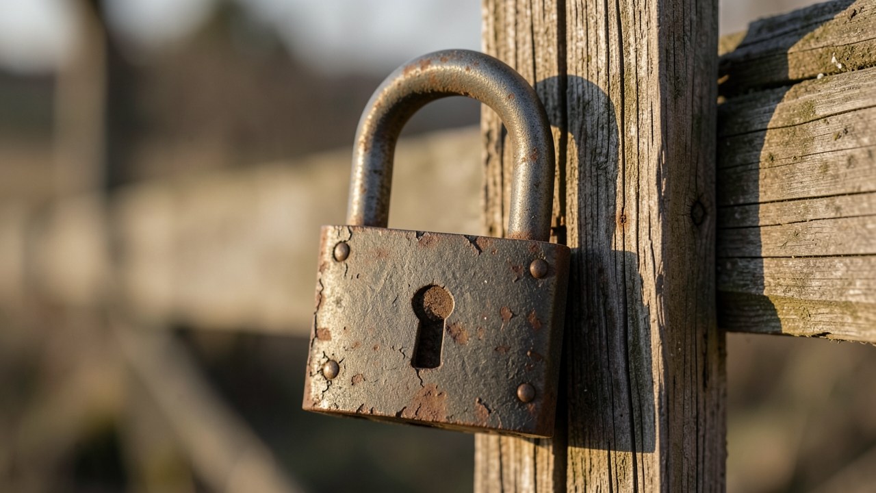 A padlock on a weathered wooden fence, symbolizing data protection and privacy.