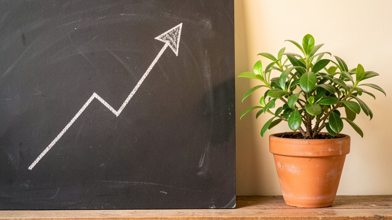An upward-trending graph drawn on a chalkboard, with a small green plant in a pot beside it, symbolizing financial growth.