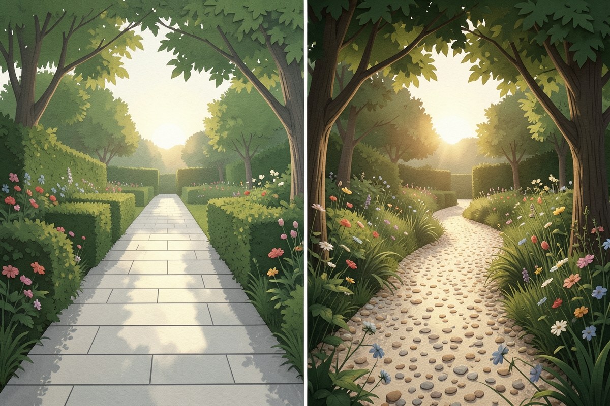 Two distinct paths in a serene park, one straight and one winding, symbolizing fixed versus variable mortgage options.