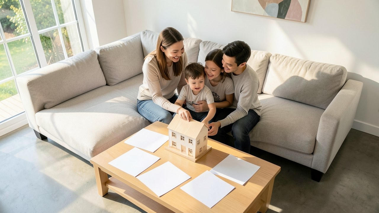 A diverse family reviewing blueprints and financial notes together in a bright, modern living room.