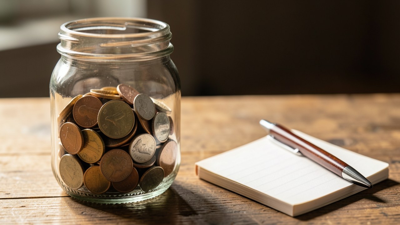 A mason jar filled with coins and a small notepad that says 'extra payments', suggesting saving for extra payments.