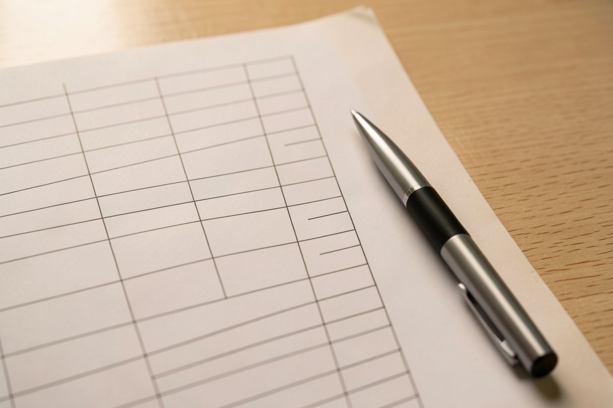 A detailed paper table with columns and a pen, lying on a desk, representing a schedule.