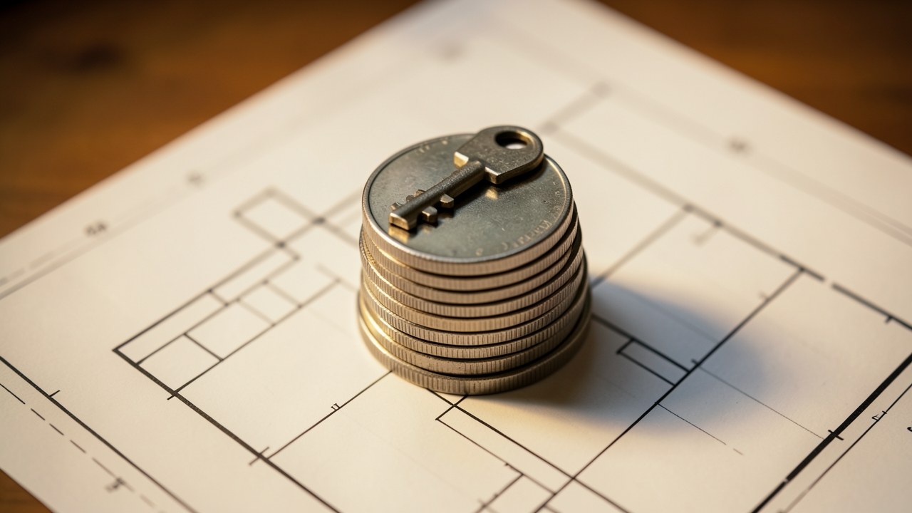 A stack of gold coins with a small house key resting on a blueprint, representing the down payment for a new home.