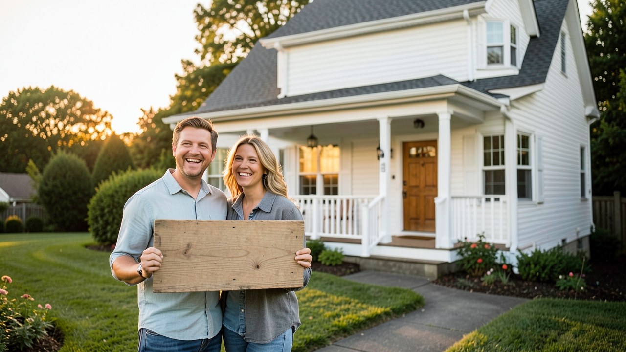 A couple holding a 'sold' sign in front of their new home, but the sign is blank, representing a first-time home purchase.