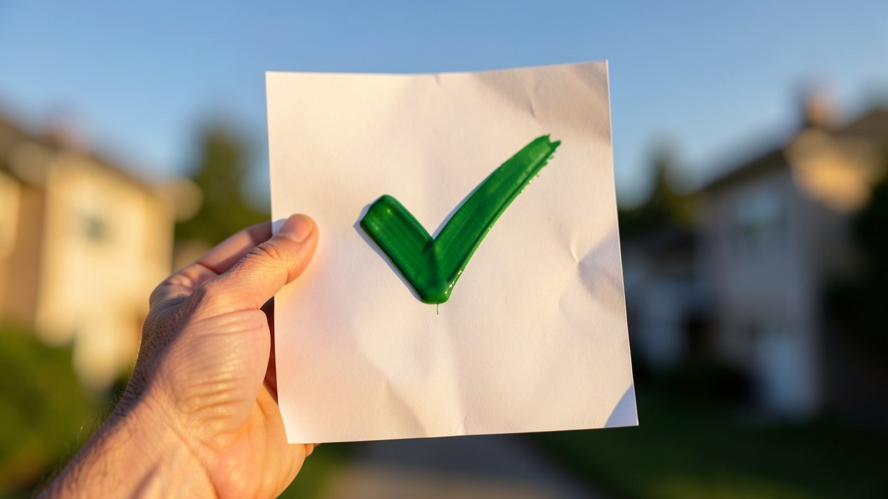 A hand holding a document with a checkmark, symbolizing a preapproval letter, in front of a blurred home background.
