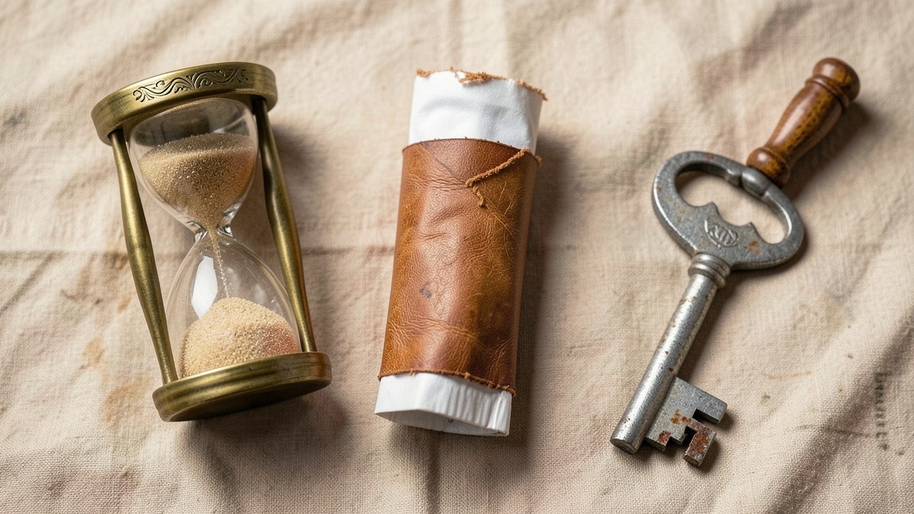 A collection of small objects representing different mortgage types: a stable hourglass, a tube of paint, and a key.